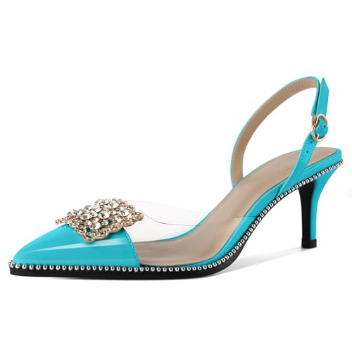 EDEFS Damen Perlengesäumte Transparente PVC Pumps Slingback 6,5 cm Niedrigabsatz Rhinestone Spitzzahn für Hochzeits Eleganz Türkis EU38 von EDEFS