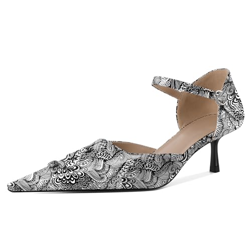 EDEFS Damen Perlengeschmückte Mary Jane 5 cm Niedrigabsatz Pumps Knöchelriemen mit Schnalle & Architektonischem Spitzem Zeh Blume Weiß EU43 von EDEFS