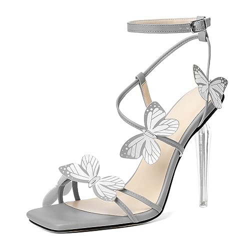 EDEFS Damen Perlmuttschimmer Klarabsatz Hängelufer 10 cm Hoher Absatz Sandalen Schmetterling Quadratspitze Design Grau EU44 von EDEFS