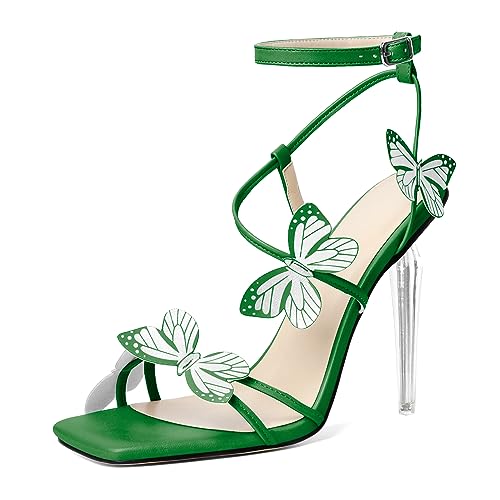 EDEFS Damen Perlmuttschimmer Klarabsatz Hängelufer 10 cm Hoher Absatz Sandalen Schmetterling Quadratspitze Design Grün EU44 von EDEFS