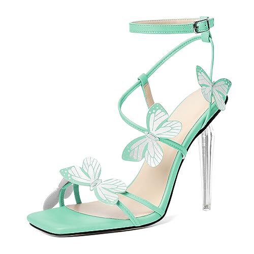 EDEFS Damen Perlmuttschimmer Klarabsatz Hängelufer 10 cm Hoher Absatz Sandalen Schmetterling Quadratspitze Design Mintgrün EU44 von EDEFS