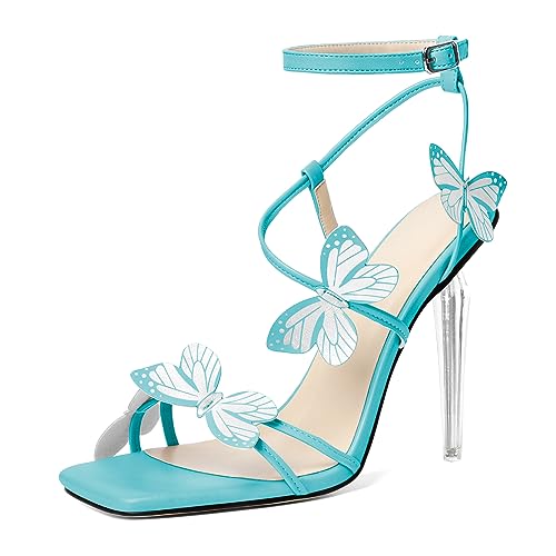 EDEFS Damen Perlmuttschimmer Klarabsatz Hängelufer 10 cm Hoher Absatz Sandalen Schmetterling Quadratspitze Design Türkis EU44 von EDEFS