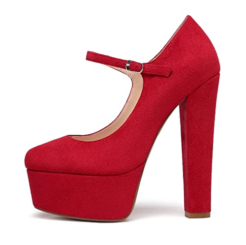 EDEFS Damen Plateau High Heels Mary Jane Klobiger Absatz Pumps Wildleder Rot Größe EU43 von EDEFS