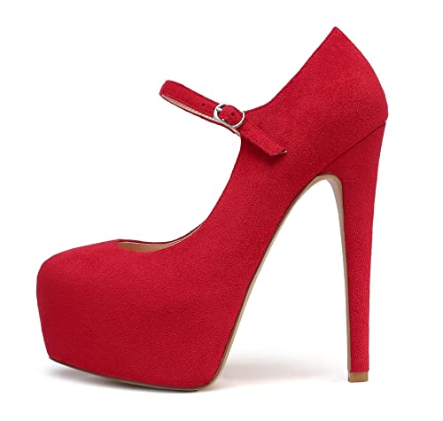 EDEFS Damen Plateau High Heels Mary Jane Stiletto Pumps Wildleder Rot Größe EU45 von EDEFS