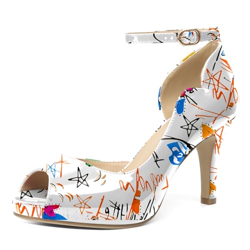 EDEFS Damen Plateau Peep Toe Sandalen 9 cm Stiletto High Heels mit Knöchelriemen für Sommer Casual Party Hochzeit Graffiti Weiß EU42 von EDEFS