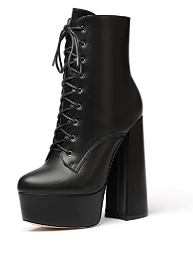 EDEFS Damen Plateau Stiefeletten, Runde Spitze High Heels, Blockabsatz Reißverschluss Stiefel Mattschwarz Größe EU44 von EDEFS