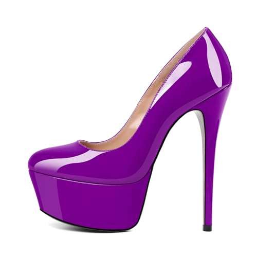 EDEFS Damen Plateauschuhe aus Patentleder Rundspitze 15 cm Hoher Stilettoabsatz Vielseitig für Büro Party Hochzeit Täglicher Einsatz Lackviolett EU38 von EDEFS