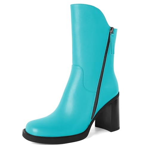 EDEFS Damen Plateaustiefel mit Blockabsatz und Plateaustiefel mit Seitlichem Reißverschluss Wintertauglich 3.3 Inch Türkis EU39 von EDEFS