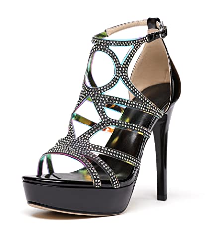 EDEFS Damen Plattform Hohle Sandalen Glänzende Strass Riemchen Schuhe Mode Peep Toe High Heel Stiletto Abendgesellschaft Schuhe, Schwarz Größe EU39 von EDEFS