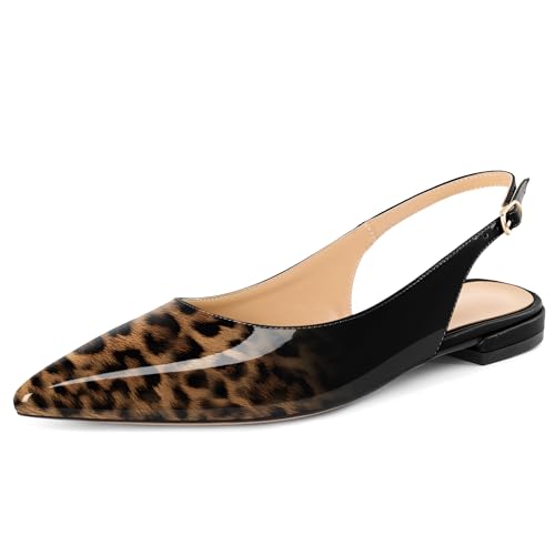 EDEFS Damen Pumps Slingback 2 cm Flach Black Absatz Matt Leder Spitze Zehe Schnalle Slip On für Hochzeit Gala Partei & Leger Alltag Leopard Schwarz EU44 von EDEFS