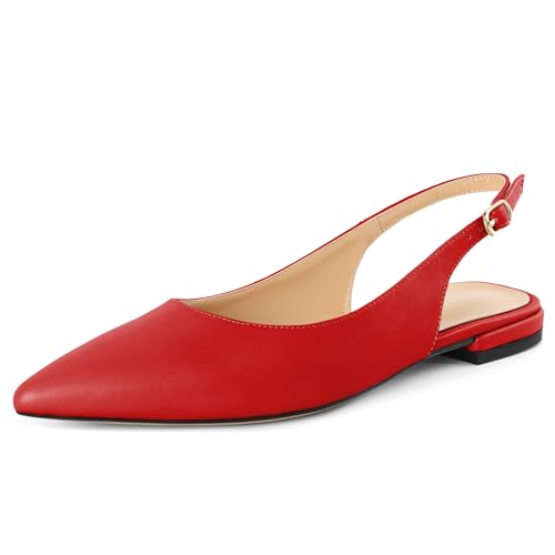 EDEFS Damen Pumps Slingback 2 cm Flach Black Absatz Matt Leder Spitze Zehe Schnalle Slip On für Hochzeit Gala Partei & Leger Alltag Mattrot EU44 von EDEFS