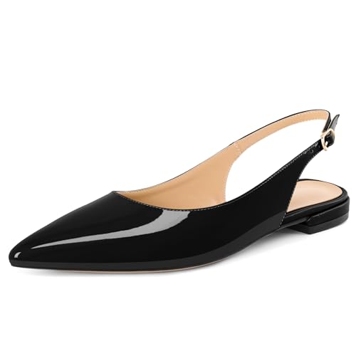 EDEFS Damen Pumps Slingback 2 cm Flach Black Absatz Matt Leder Spitze Zehe Schnalle Slip On für Hochzeit Gala Partei & Leger Alltag Patent Schwarz EU44 von EDEFS