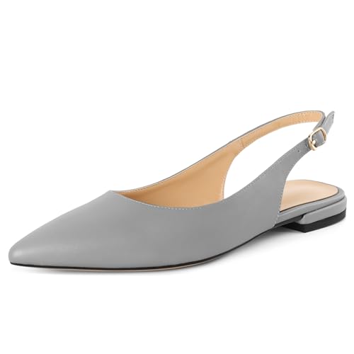 EDEFS Damen Pumps Slingback Schnalle Spitze Zehe Flach 2 cm Black Absatz Matt Leder Slip On für Hochzeit Gala Leger Partei Alltag Mattgrau EU37 von EDEFS
