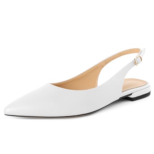 EDEFS Damen Pumps Slingback Slip On Schnalle Spitze Zehe Flach 2 cm Matt Leder Black Absatz für Hochzeit Gala Leger Alltag Mattweiß EU40 von EDEFS