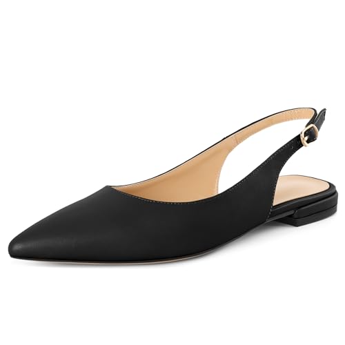 EDEFS Damen Pumps Slingback Spitze Zehe Flach 2 cm Matt Leder Black Absatz Schnalle Slip On für Leger Alltag Hochzeit Gala Partei Mattschwarz EU38 von EDEFS