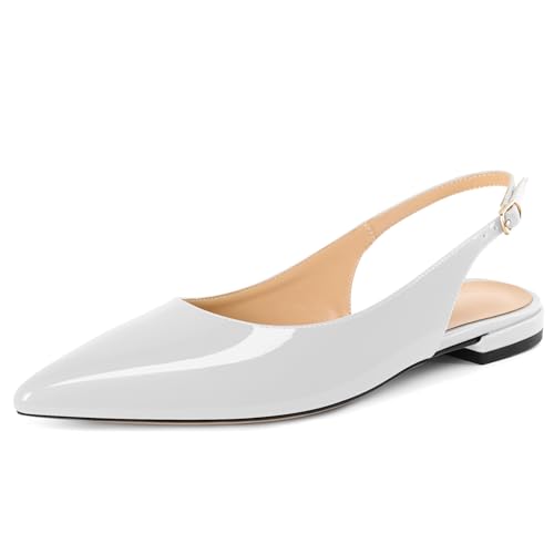 EDEFS Damen Pumps Slingback Spitze Zehe Schnalle Matt Leder Flach 2 cm Black Absatz Slip On für Hochzeit Gala Partei Alltag Lackweiß EU41 von EDEFS