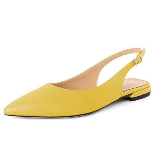 EDEFS Damen Pumps Slingback Spitze Zehe Schnalle Matt Leder Flach 2 cm Black Absatz Slip On für Hochzeit Gala Partei Alltag Mattgelb EU41 von EDEFS