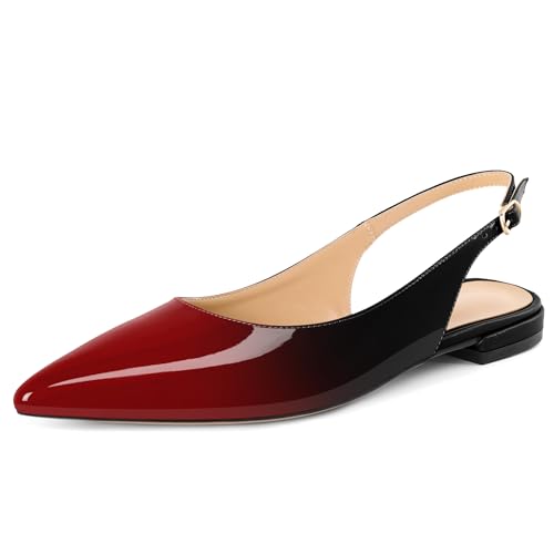 EDEFS Damen Pumps Slingback Spitze Zehe Schnalle Matt Leder Flach 2 cm Black Absatz Slip On für Hochzeit Gala Partei Alltag Rot Schwarz EU41 von EDEFS