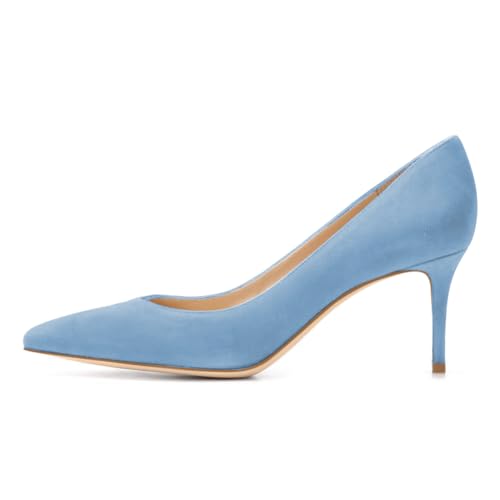EDEFS Damen Pumps in Kitten Heel Easy Slip On Pointed Closed Toe Design 2.5 Inches Low Heel Mode Klammer für Hochzeit Braut Hellblau EU37 von EDEFS
