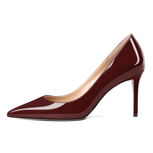 EDEFS Damen Pumps mit 8cm Stilettoabsatz Slip On Lackleder mit Spitzenkappe Kombi aus Eleganz & Sexiness für Braut Büro Nacht Bordeaux EU37 von EDEFS