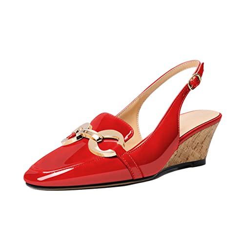 EDEFS Damen Pumps mit Keilabsatz Knöchelschnalle Slingback Metallkette Eckige Zehenkappe Sexy Komfort Schuhe Rot EU37 von EDEFS