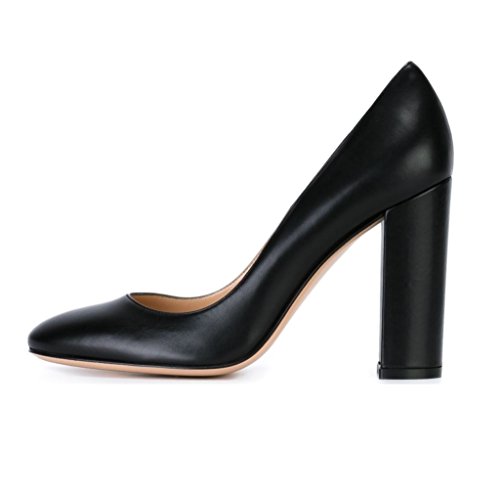 EDEFS Damen Runde Toe Blockabsatz Pumps High Heels Slip On Elegant Kleid Pumpen Schwarz Größe EU43 von EDEFS