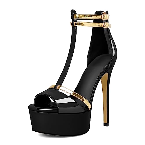 EDEFS Damen Sandalen T-Spange Knöchelschnalle High Heel Schuhe Dünne Heel Plattform High Heel Schuhe Open Toe Sandalen Schwarz EU44 EDEFS Damen Sandalen T-Spange Knöchelschnalle High Heel Schuhe Dünne Heel Plattform High Heel Schuhe Open Toe Sandalen Schwarz EU44 von EDEFS