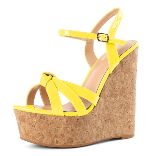 EDEFS Damen Sandalen mit Keilabsatz 16 cm Plateau offene Zehen mit Knöchelriemen Sommer Casual Party Schuhe für Hochzeiten Alltag & besondere Anlässe Gelb EU38 von EDEFS
