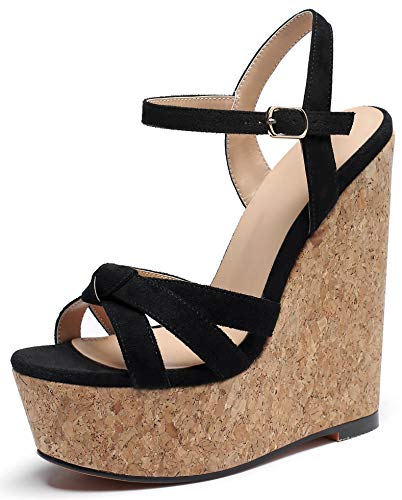 EDEFS Damen Sandalen mit Keilabsatz 16 cm Plateau offene Zehen mit Knöchelriemen Sommer Casual Party Schuhe ideal für Hochzeiten lockere Arbeit & Feiern Wildleder Schwarz EU41 von EDEFS