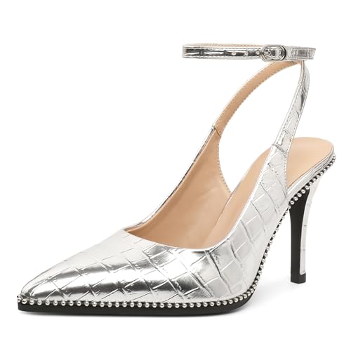 EDEFS Damen Schicke Stiletto Absätze Slingback Pumps mit 3,5 Zoll Hohem Absatz Perlen Knöchelband Spitzem Zeh Hochzeitsbereit Krokodil Silber EU37 EDEFS Damen Schicke Stiletto Absätze Slingback Pumps mit 3,5 Zoll Hohem Absatz Perlen Knöchelband Spitzem Zeh Hochzeitsbereit Krokodil Silber EU37 von EDEFS