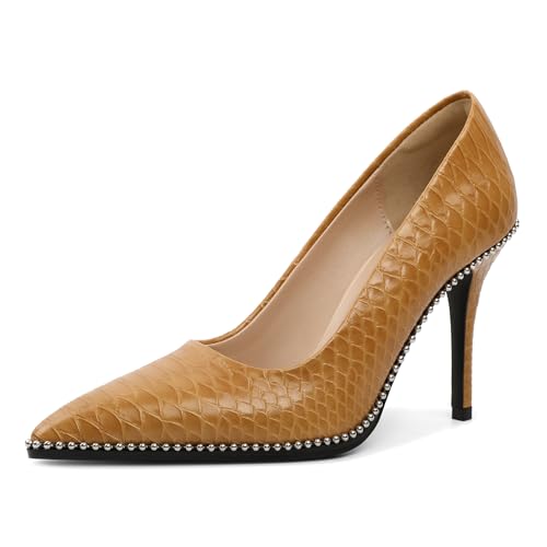 EDEFS Damen Schlupf Spitzzehen Pumps 9 cm Stiletto Absatz Lackleder für Hochzeiten & Festliche Galaevents Braun Schlange EU38 von EDEFS