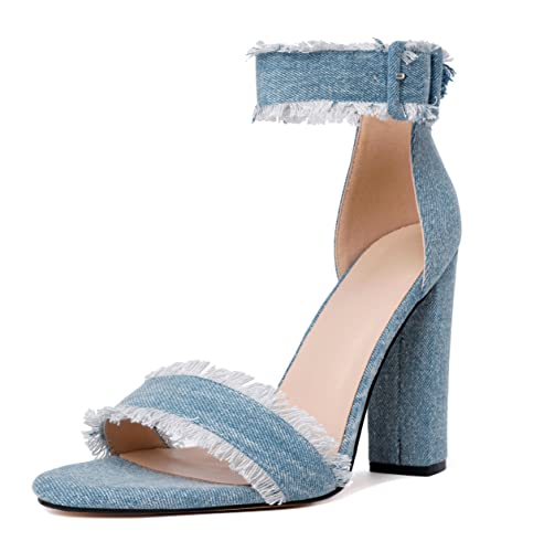 EDEFS Damen Schnalle High Heels mit dicken Absätzen，Knöchelriemen Sandalen Denim Sandalen Minimalistischen Stil Denim EU46 von EDEFS