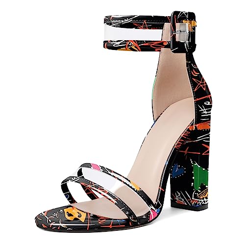 EDEFS Damen Schnalle High Heels mit dicken Absätzen，Knöchelriemen Sandalen Minimalistischen Stil Graffiti-Schwarz EU 46 von EDEFS