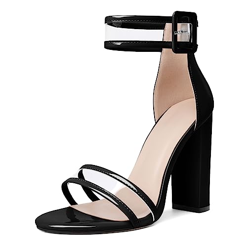EDEFS Damen Schnalle High Heels mit dicken Absätzen，Knöchelriemen Sandalen Minimalistischen Stil Schwarz EU 46 von EDEFS