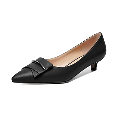 EDEFS Damen Schnalle Kätzchenabsatz Schlupfschuhe Pumps 3.5 cm Spitze Zehenkappe niedriger Absatz für Hochzeit Büro Schwarz Matt EU41 von EDEFS