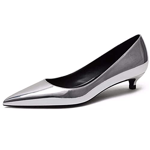 EDEFS Damen Sexy Spitzen Zehen Pumps 3,5CM Kitten Absatz Pumps Ohne Verschluss Silber Größe EU36 von EDEFS