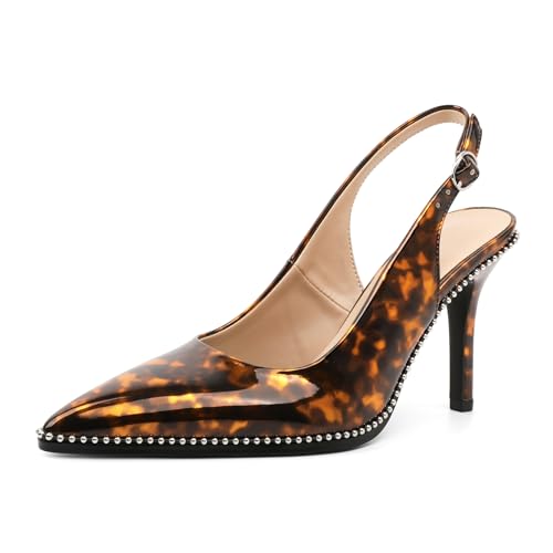 EDEFS Damen Sling Back High Heel Stiletto Heels Geschlossene Zehenschnalle Pumps Scheibenperle Mode Party Hochzeit Abend Beige Shoes Beige Lackleder 9 cm Lava EU38 von EDEFS