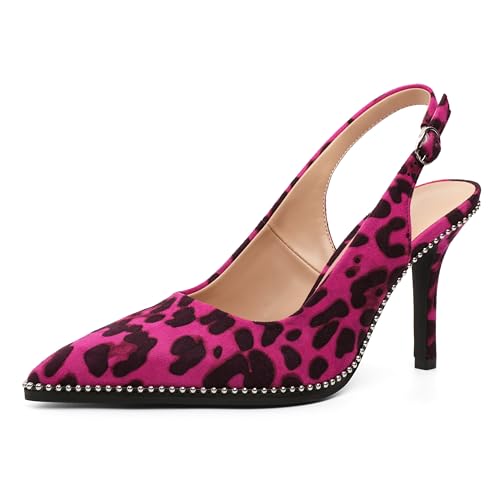 EDEFS Damen Sling Back High Heel Stiletto Heels Geschlossene Zehenschnalle Pumps Scheibenperle Mode Party Hochzeit Abend Beige Shoes Beige Lackleder 9 cm Wildleder Leopard Rosa EU38 von EDEFS