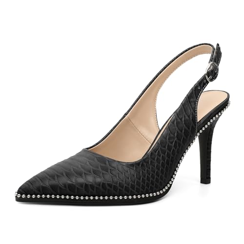 EDEFS Damen Slingback High Heel Stiletto Heels Beige Spitze Zehenschnalle Pumps Scheibenperle Stilvoll Party Hochzeit Abend Abschlussball Shoes Lackleder 9 cm Schwarze Schlange EU40 von EDEFS