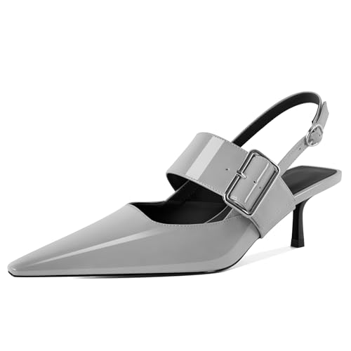 EDEFS Damen Slingback Pumps 2 Zoll Kätzchenabsatz Mary Jane & Spitzer Zeh Party Funkeln & Arbeits Raffinement Grau EU38 von EDEFS