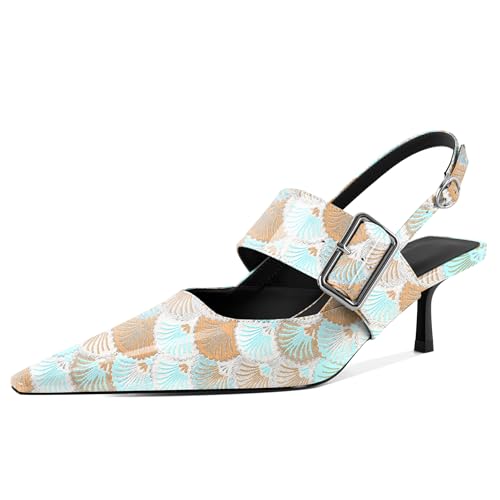 EDEFS Damen Slingback Pumps 2 Zoll Kätzchenabsatz Mary Jane & Spitzer Zeh Party Funkeln & Arbeits Raffinement Jakobsmuscheln Gelb EU38 von EDEFS