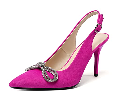 EDEFS Damen Slingback Pumps High Heels Knöchelriemen Stilettos Chic Strass Bown-Knoten Kleid Schuhe Rose Größe EU36 von EDEFS