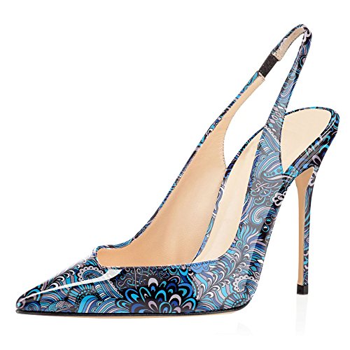 EDEFS Damen Slingback Pumps Spitze Zehen High Heels Bequeme Schuhe Floral Blue Größe EU39 von EDEFS