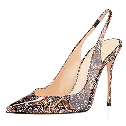 EDEFS Damen Slingback Pumps Spitze Zehen High Heels Bequeme Schuhe Floral Brown Größe EU38 von EDEFS