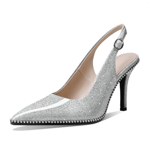 EDEFS Damen Slingback Pumps Spitze Zehen High Heels Bequeme Schuhe Glitter Silver Größe EU43 von EDEFS
