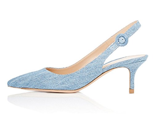 EDEFS Damen Slingback Pumps Spitze Zehen Kitten Heel Denim Schuhe mit Schnalle Größe EU38 von EDEFS