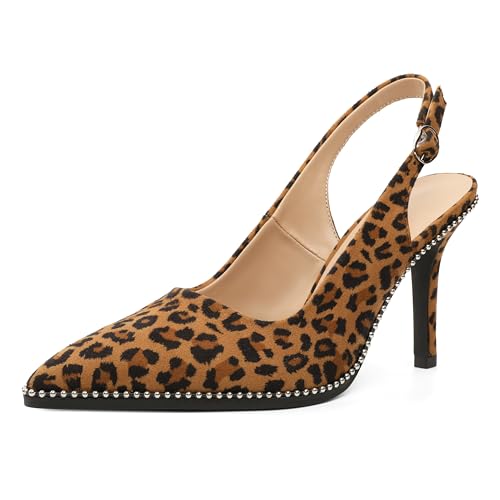EDEFS Damen Slingback Stiletto Heels Spitze Zehenschnalle Blockabsatz Beige Scheibenperle Mode Party Hochzeit Abend Abschlussball Shoes Lackleder 9 cm Wildleder Leopard EU43 von EDEFS
