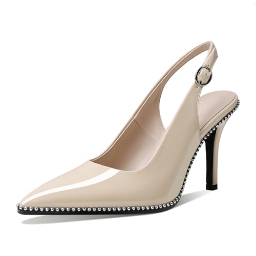 EDEFS Damen Slingpumps Spitze Zehen High Heels Schuhe mit Stiletto Beige Größe EU43 von EDEFS