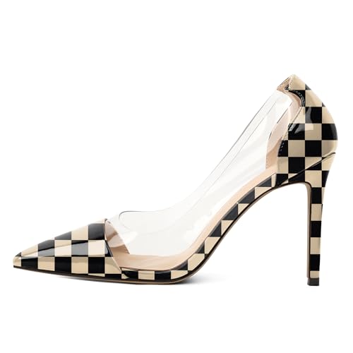 EDEFS Damen Slip On Pumps 4 Inch High Heel Stiletto mit Pointed Toe Klar PVC Riemen & Lackleder Arbeit zu Hochzeit Party Kariert Beige EU38 von EDEFS