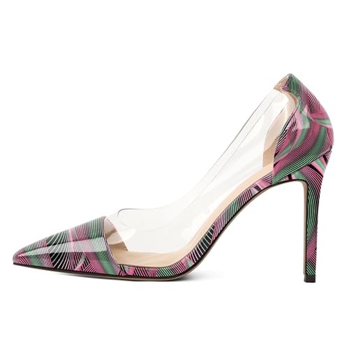 EDEFS Damen Slip On Pumps 4 Inch High Heel Stiletto mit Pointed Toe Klar PVC Riemen & Lackleder Arbeit zu Hochzeit Party Welle EU38 von EDEFS